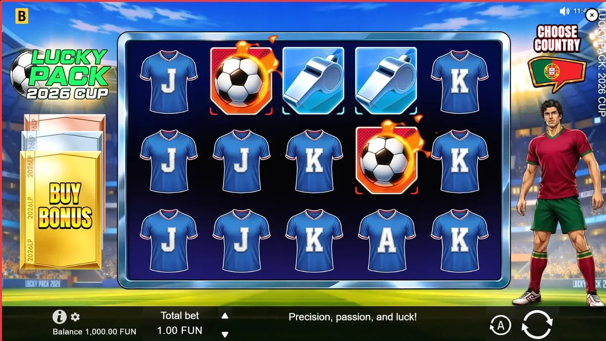 Interface do jogo Lucky Pack 2026 Cup com temática de futebol
