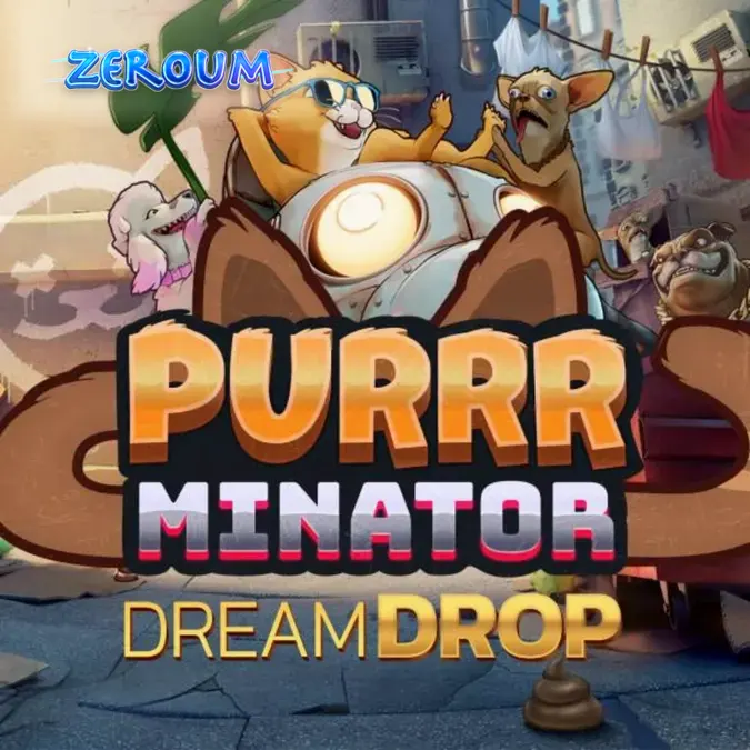 Cena distópica do jogo Purrrminator Dream Drop com neon e atmosfera cyberpunk